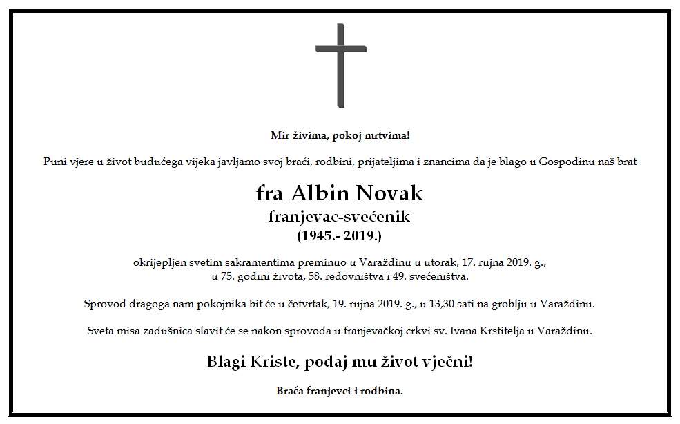 Preminuo naš brat fra Albin Novak